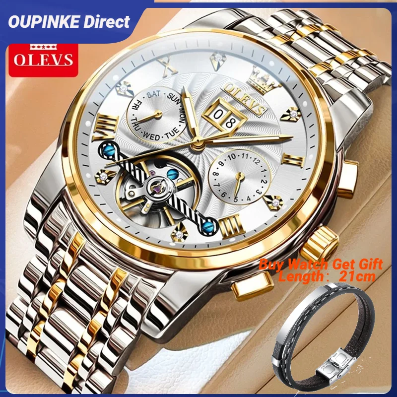 OLEVS 9910 Tourbillon Men's Watches Dual Calendar Waterproof Stainless steel Luminous Luxury Automatic Mechanical Watch for Men