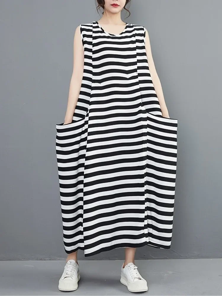 sleeveless vintage stripe new in dresses for women casual loose long summer dress elegant clothing 2025