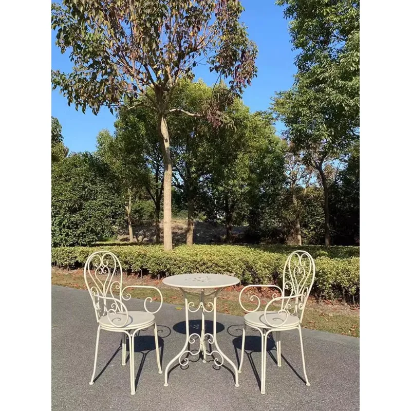 French Country Wrought Iron Old Outdoor Table and Chair Kit White Green Garden Patio Balcony Living Room Round Table Chair