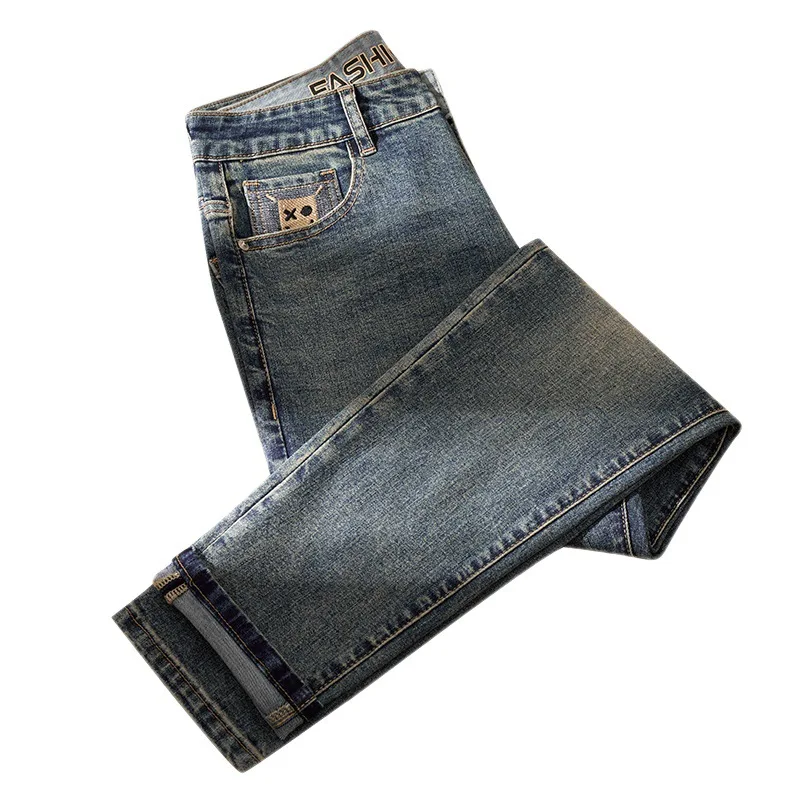 New Vintage Men'S Jeans Men'S High-End Heavy Washing Embroidery Men'S Pants Straight Slim Trend Nostalgic Denim Pants