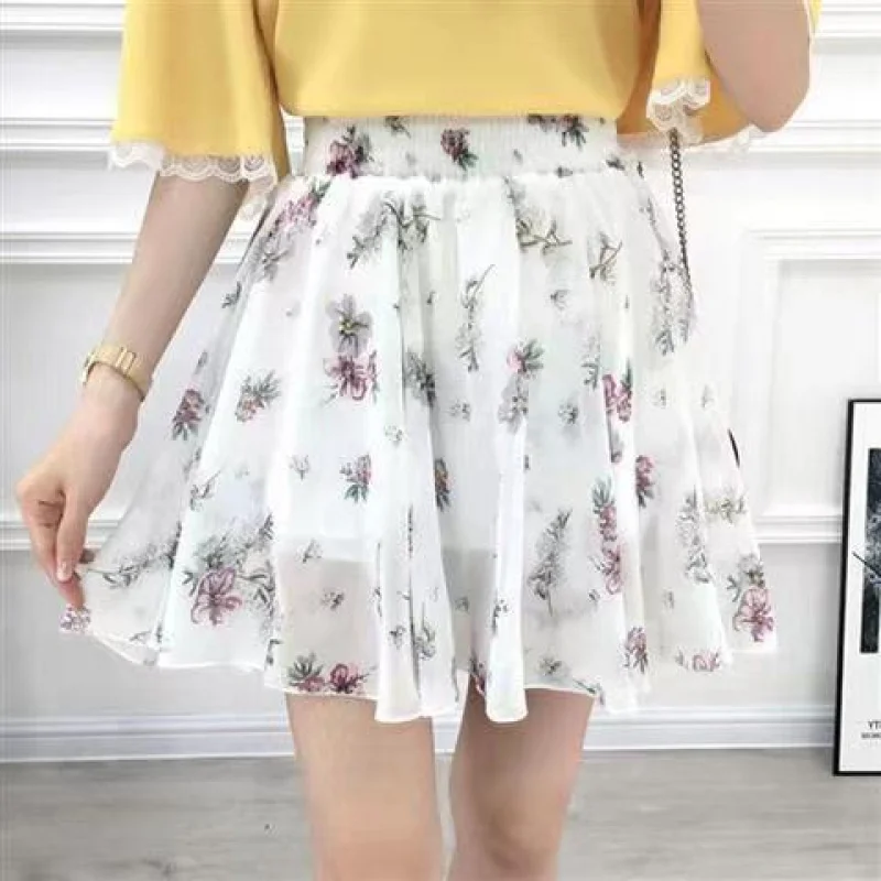 【4146】2025Spring and Summer Women's Chiffon Skirt Fashion Elastic Waist Shorts Skirt Slimming High Waist Small Floral Skirt for