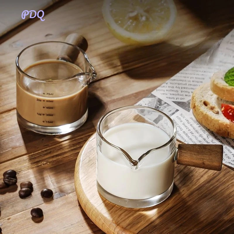 Wood Handle Glass Espresso Measuring Cup Double Mouth with Scale for Milk Coffee Home Kitchen Barista Tool Gift