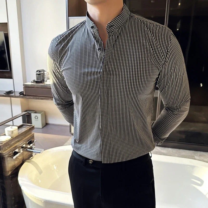 Camisas De Hombre Stand Collar Luxury Shirts For Men Clothing High Quality Camisa Masculina Slim Fit Mens Dress Shirts Formal