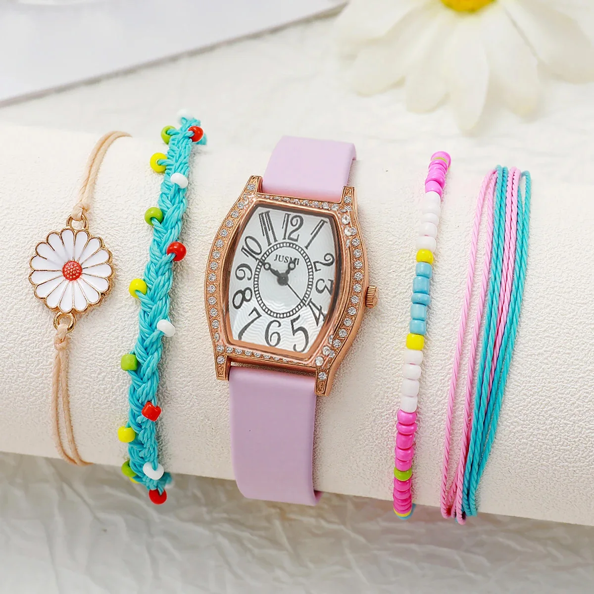 

Модный комплект с бриллиантами, циферблат, кожаный ремешок, женские кварцевые часы, красочный браслет, набор из 5 предметов для подарков на Рождество и День Благодарения