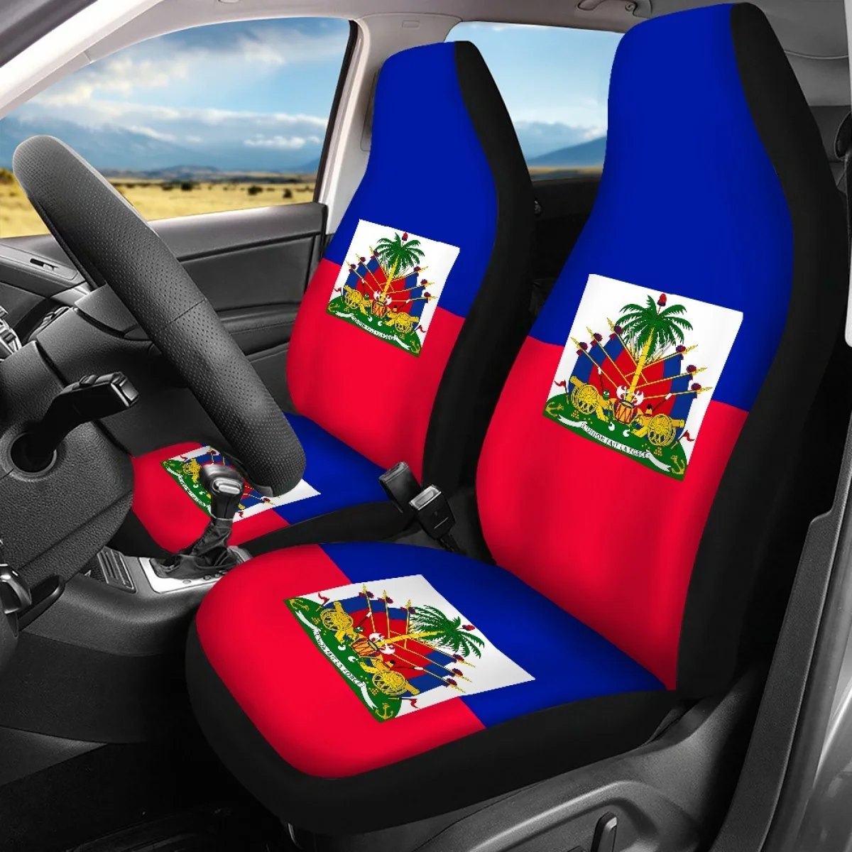 2023 Fashion Haiti Flag Cartoon Pattern Car Seat Cover Set Interior Accessories Easy Installation Protector Auto Decor 4Pcs DIY