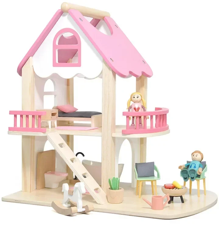 36 cm hochwertiges rosa Villa aus Holz, europäisches Prinzessinnen-Puppenzimmerhaus, Spielhaus, Puzzle, interaktives Spielzeug, Baby-Geburtstagsgeschenk