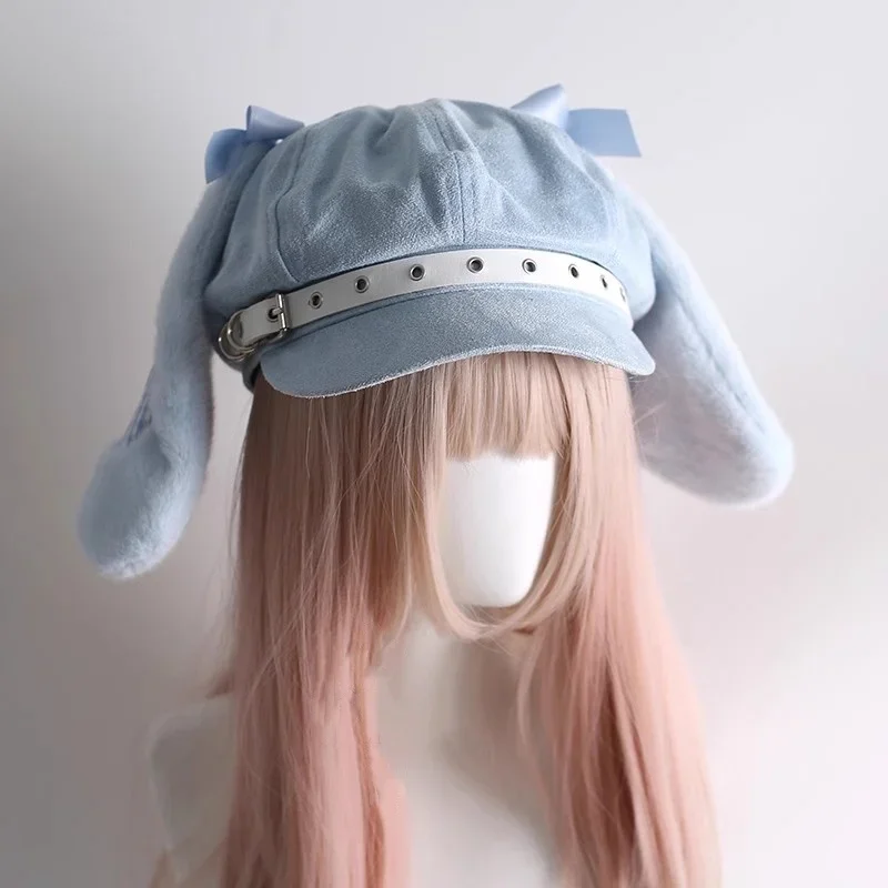 Japanese New Women Watercolor Plaid Rabbit Hat Harajuku Lolita Subculture Beret Y2K Punk Cute Decorative Girl Sun hats