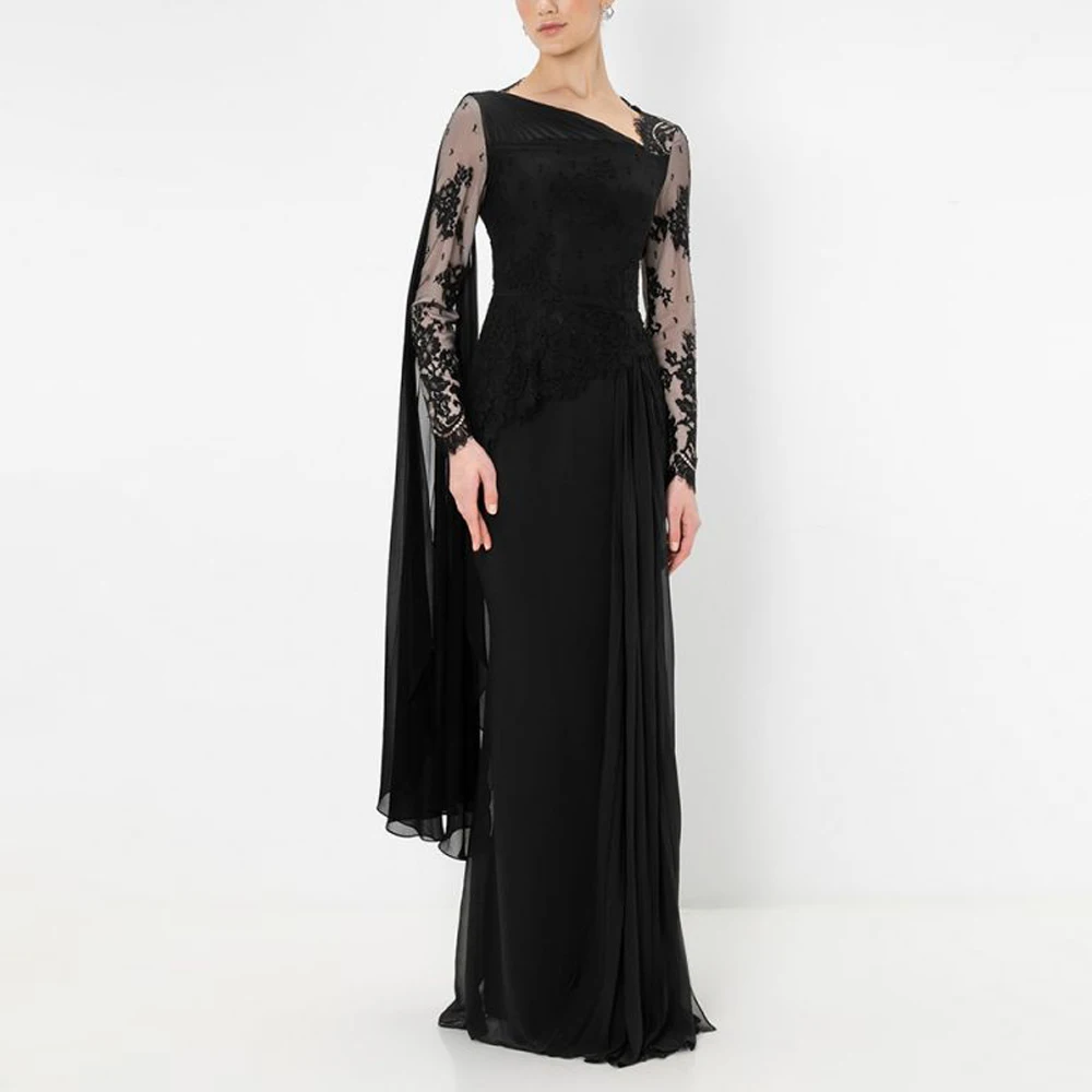 Customized Black Sheath Wedding Guest Dress with Lace Sleeves Column Formal Gown Asymmetrical Neck Mother of the Bride Dresses
