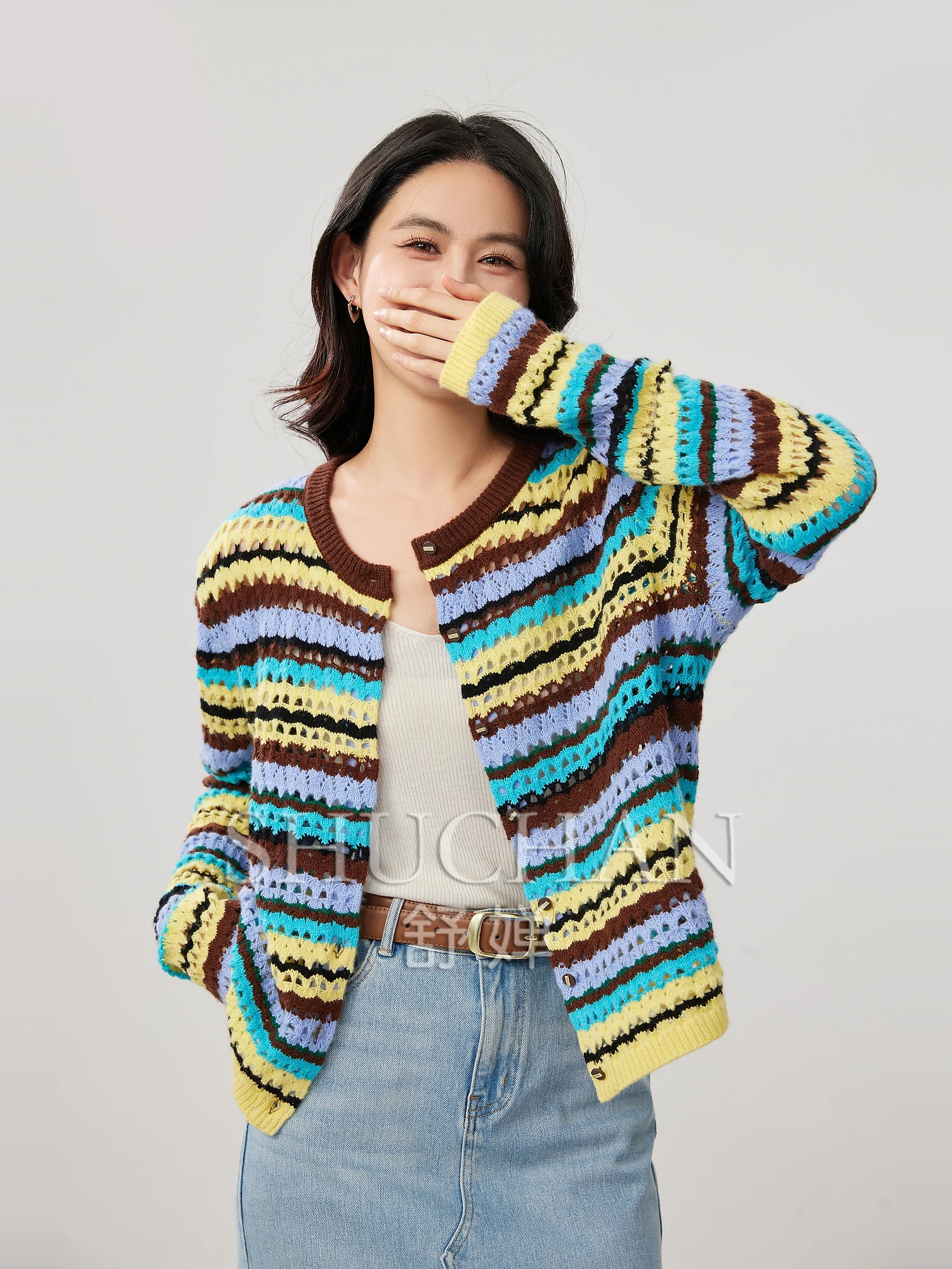 

Eye-pleasing Color Strips, Mulberry Silk Wool Lyocell, Hollowed-out Hole-picking Crew-neck Knitted Cardigan Women Thin Summer