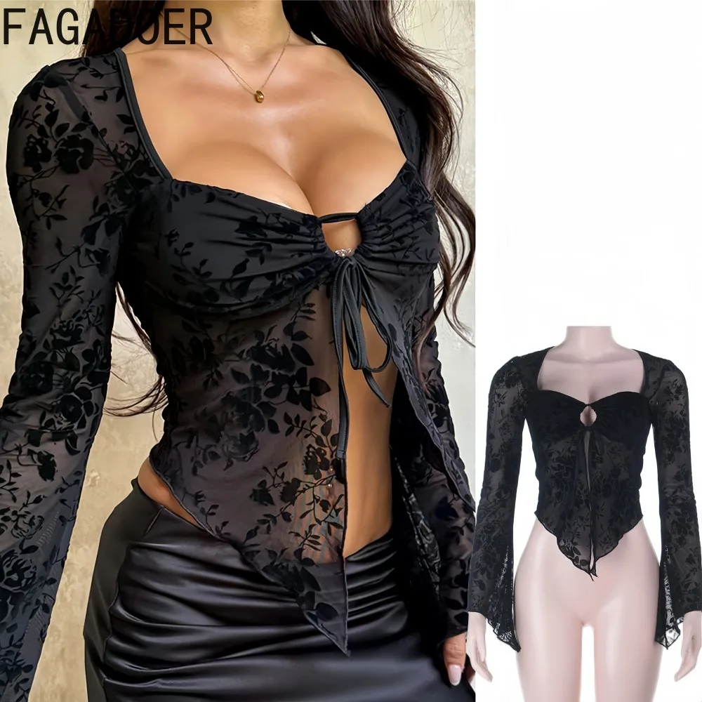 

FAGADOER Sexy Mesh See Trough T-Shirt Women Floral Printting Long Sleeves Bodycon Crop Top Female Streetwear 2025 Autumn New