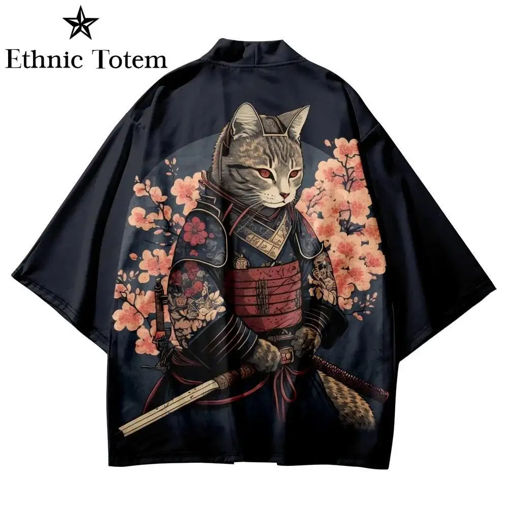 Japanese Cat Kimono for Men Women Samurai Pattern Cardigan Harajuku Traditional Clothes Summer Beach Haori Clothing