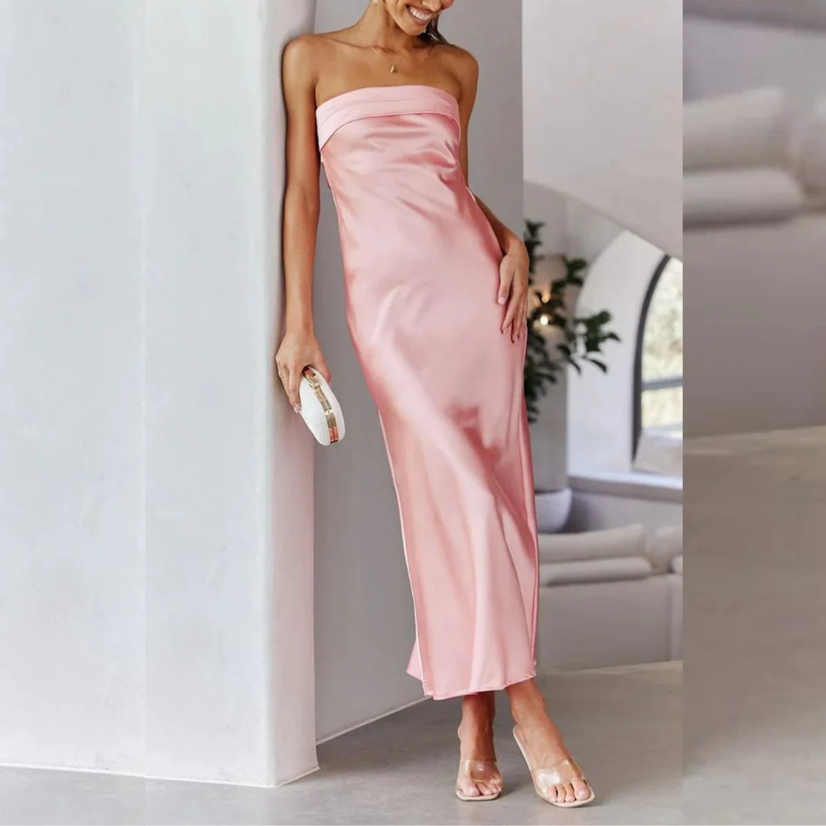 

Print Satin Silk Tube Top Maxi Dresses for Women Elegant Strapless Hollow Out Long Dress Evening Cocktail Party Sleeveless Dress