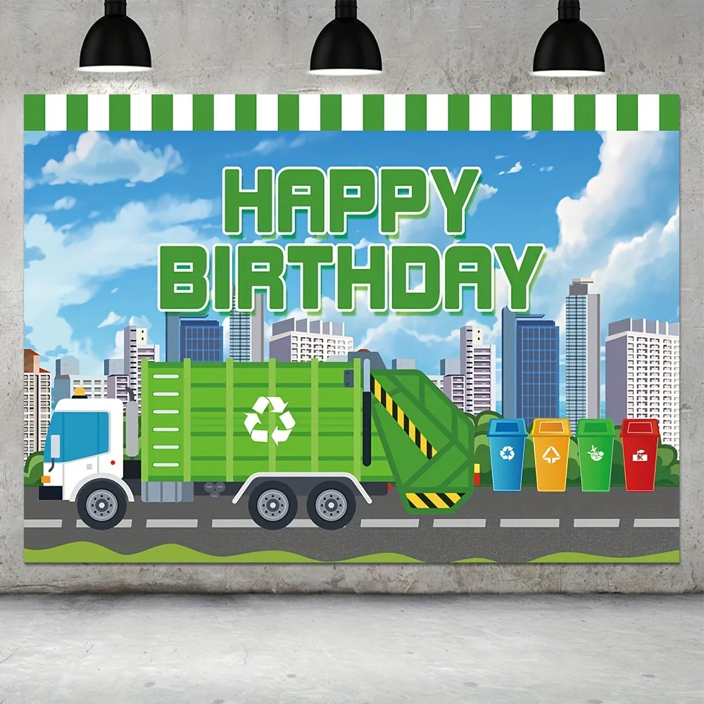 

A background photo of a happy birthday of a garbage truck, a green background of a garbage truck's birthday