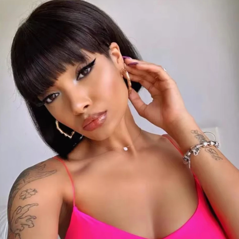 12 Inches Black Bangs Bob Wig Human Hair with Bangs 2×1 Lace Closure Human Hair Wigs with Bangs 180% Density, Beginner-Friendly