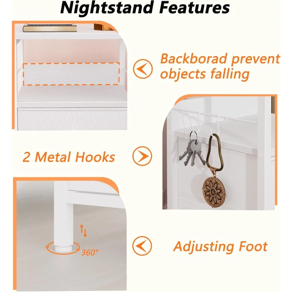 Nightstands Set 2, End Table with 2 Fabric Drawers, Bedside Table with 2 Hooks, Open Wood Shelf Side Sofa Table for Bedroom image 5