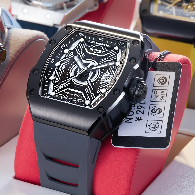 CERIEPON Hollowed Out Wine Barrel Shaped Men's Watch Men's Mechanical Watch Fully Automatic Luminous