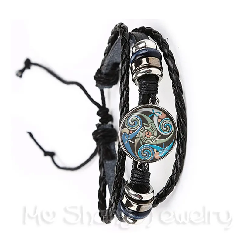 Triple Moon Goddess Bracelet Pentagram Witch Jewelry 20mm Glass Dome Wiccan Black/Brown Leather Bangle Charm Wicca Jewellery