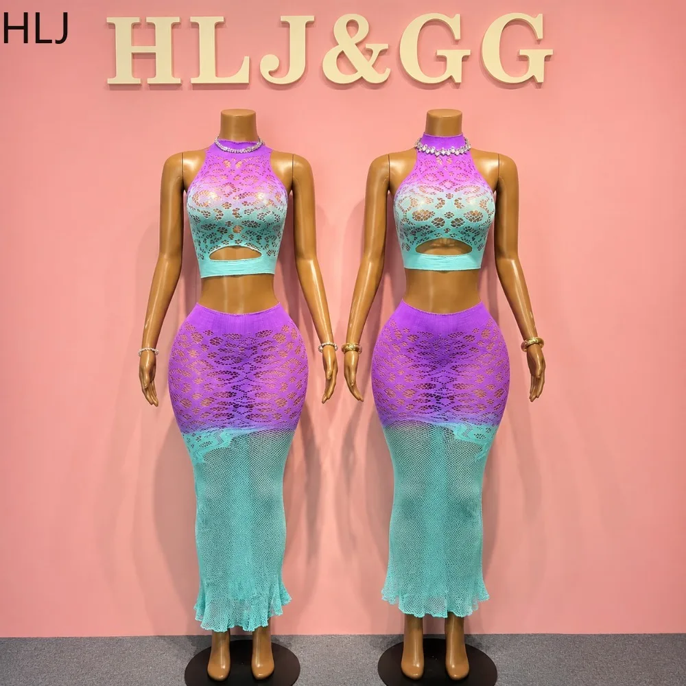 HLJ Women Gradient Crochet 2 Piece Set Cut Out Sleeveless Crop Top and Maxi Skirt Sheer Bodycon Beach Vacation Festival Outfit