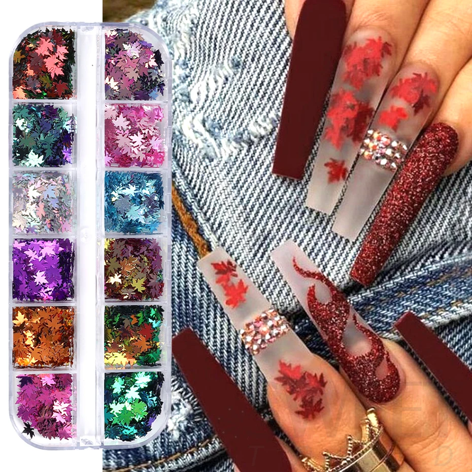 1Box Mix Colors Maple Leaves Nail Glitter Sequins Mixed Shiny Fallen Leaf Flakes DIY Autumn Nail Art Decoration Accessories Tool