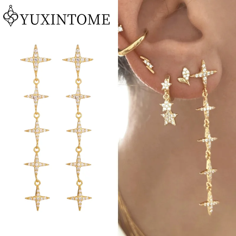 925 Silver Needle Star Meteor Chain Earrings For Women Eight-pointed Star Zircon Tassel Earrings Fashion Party Jewelry