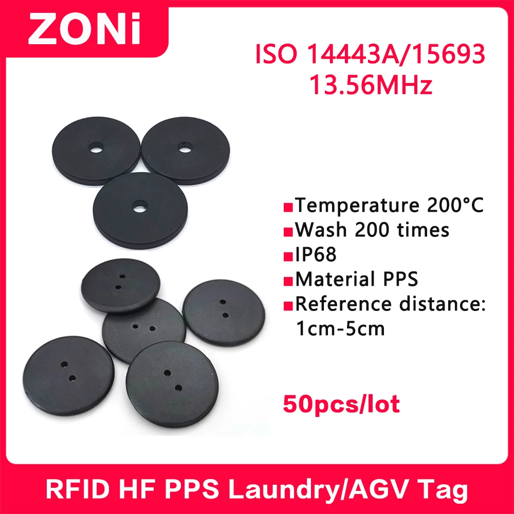 RFID HF Laundry Tag 13.56MHz I CODE SLIX High Temperature Resistant PPS-button AGV positioning Label ISO14443A 15693 50PCS