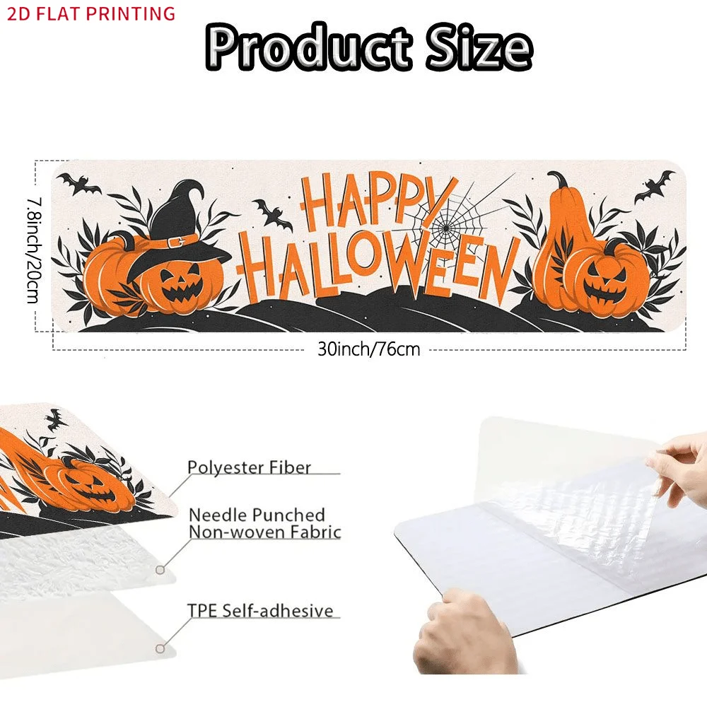 2D FLAT Printing Set of Stair Mats, Happy Halloween Pumpkin Witch Hat Bat Spiderweb Pattern, Easy to Clean Stair Tread Carpets