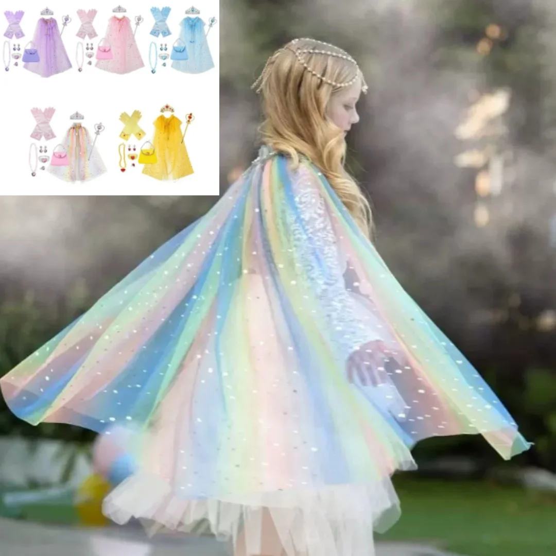 Costume Accessory Set Princess Sequin Cape Crown Magic Wand Handbag Fairy Gauze Cosplay for Birthday Party