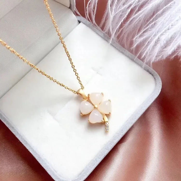 Natural White Hetian Jade Clover Pendant Necklace 925 Silver Fashion Jewelry Chalcedony Amulet Gifts for Women