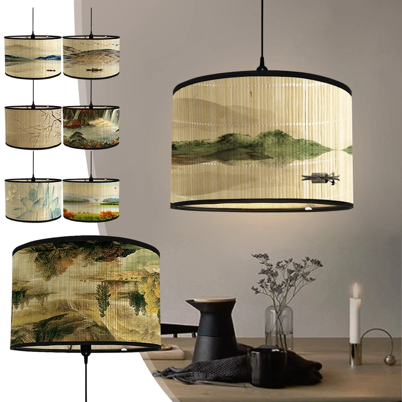 Retro Style Plant Printing Lampshade Bamboo Lamp Japanese Style Homestay Folk Chandelier Light Cover Wall Lamp Shade Decoration