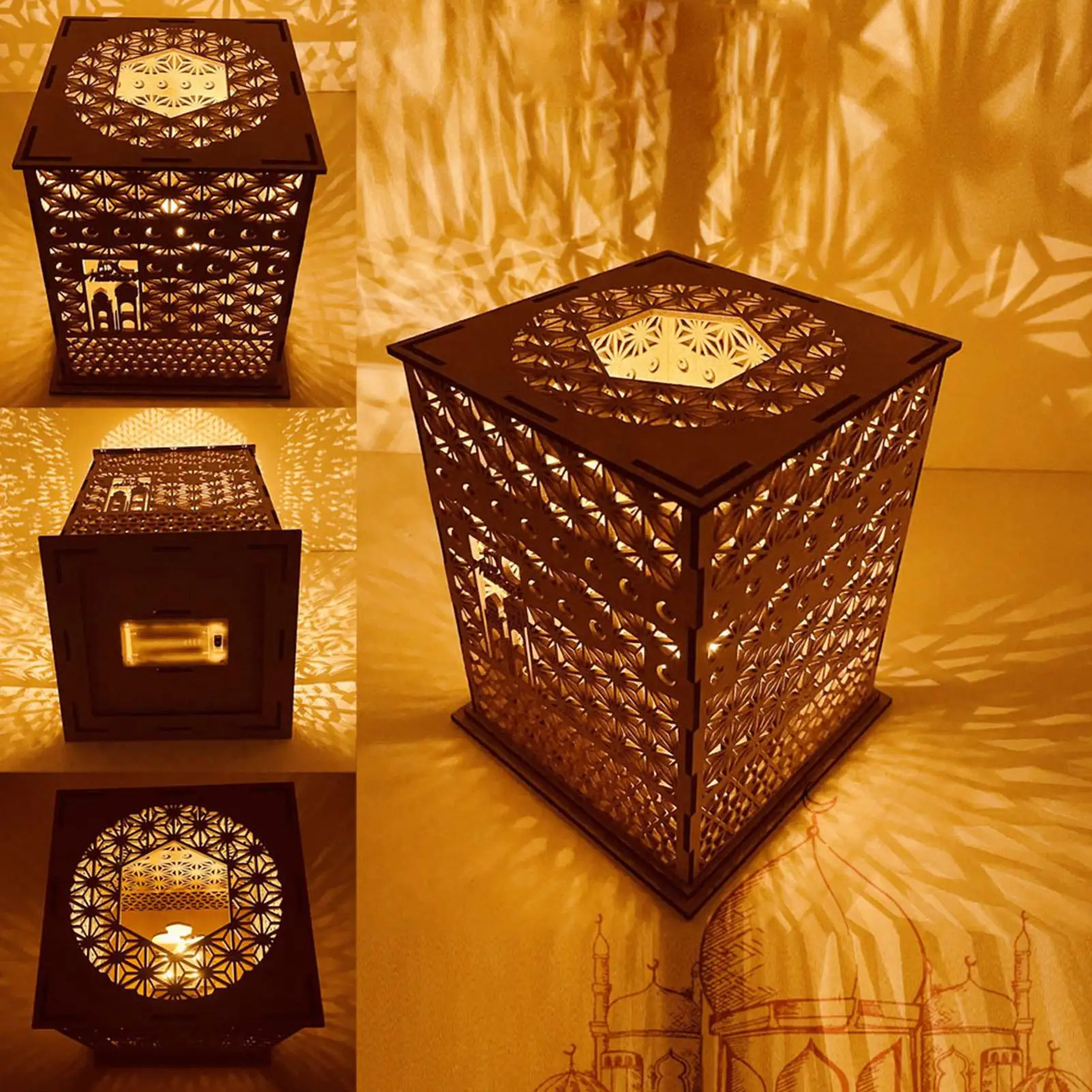 

Мусульманский фестиваль, полый свет, деревянный Рамадан, Ид Мубарак, украшения для дома, светодиодные молитвенные украшения, подарки, ислам, сделай сам, товары для вечеринок