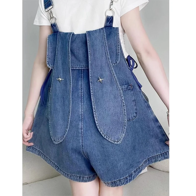 

Cartoon Rabbit Ear Denim Overalls Women's Summer plus Size Design Sense ter Onesie ort Pants High Waist Blue Jeans