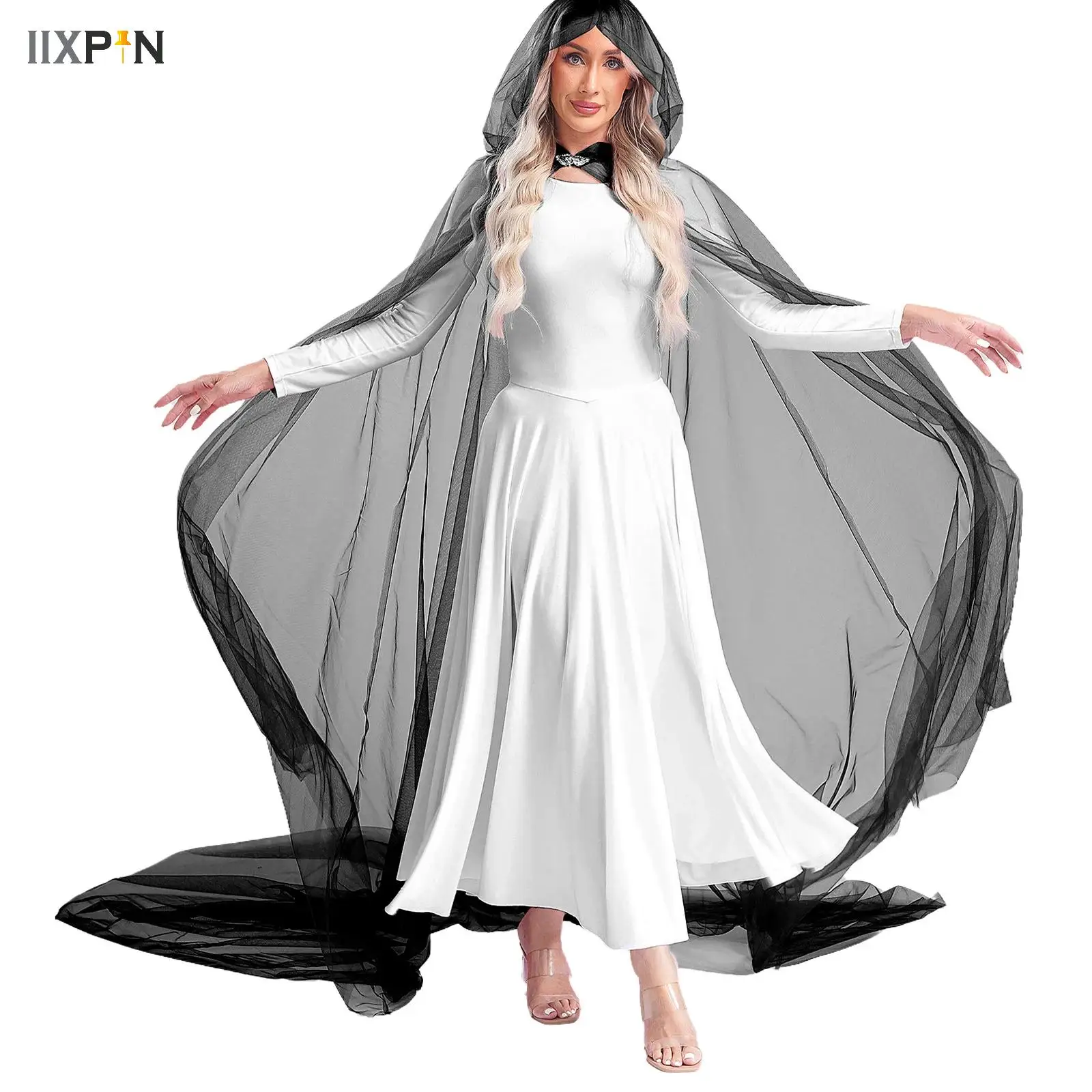

Witch Cloak Halloween Costume for Women Hood Tulle Cape Cloak Black White Red Wedding Bridals Floor Length Soft Mesh Cloaks