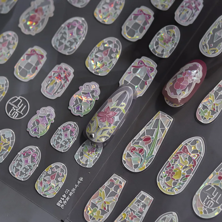 1sheet Rococo Glazed Window Nail Sticker Retro Shiny Stained Glass Window Nail Decals Shell Light Gothic Bohemia Manicure Decora