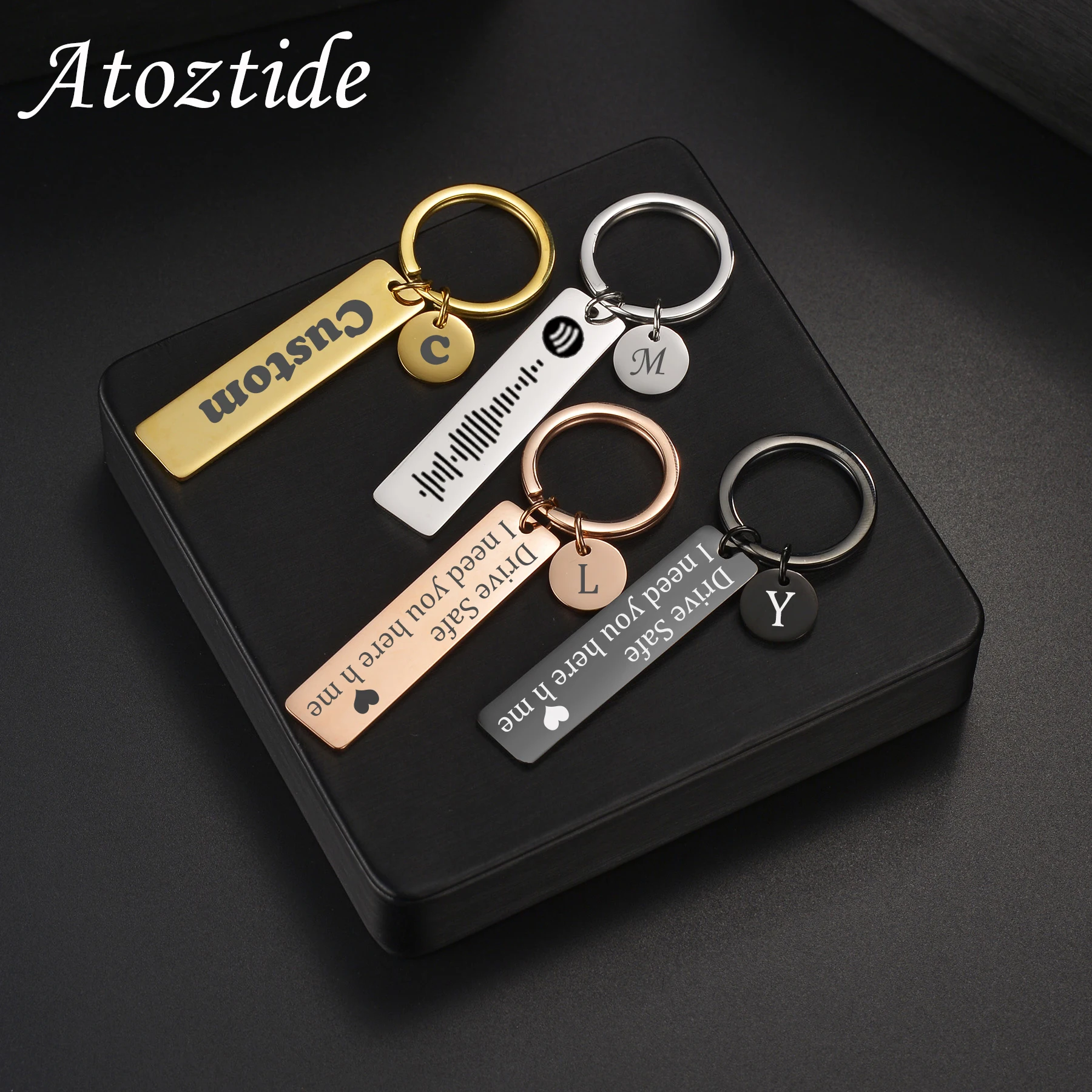 Atoztide Engraved Name Date Bar KeyChain Stainless Steel for Women Personalizd Custom Words DIY Keyring Jewelry Birthday Gift