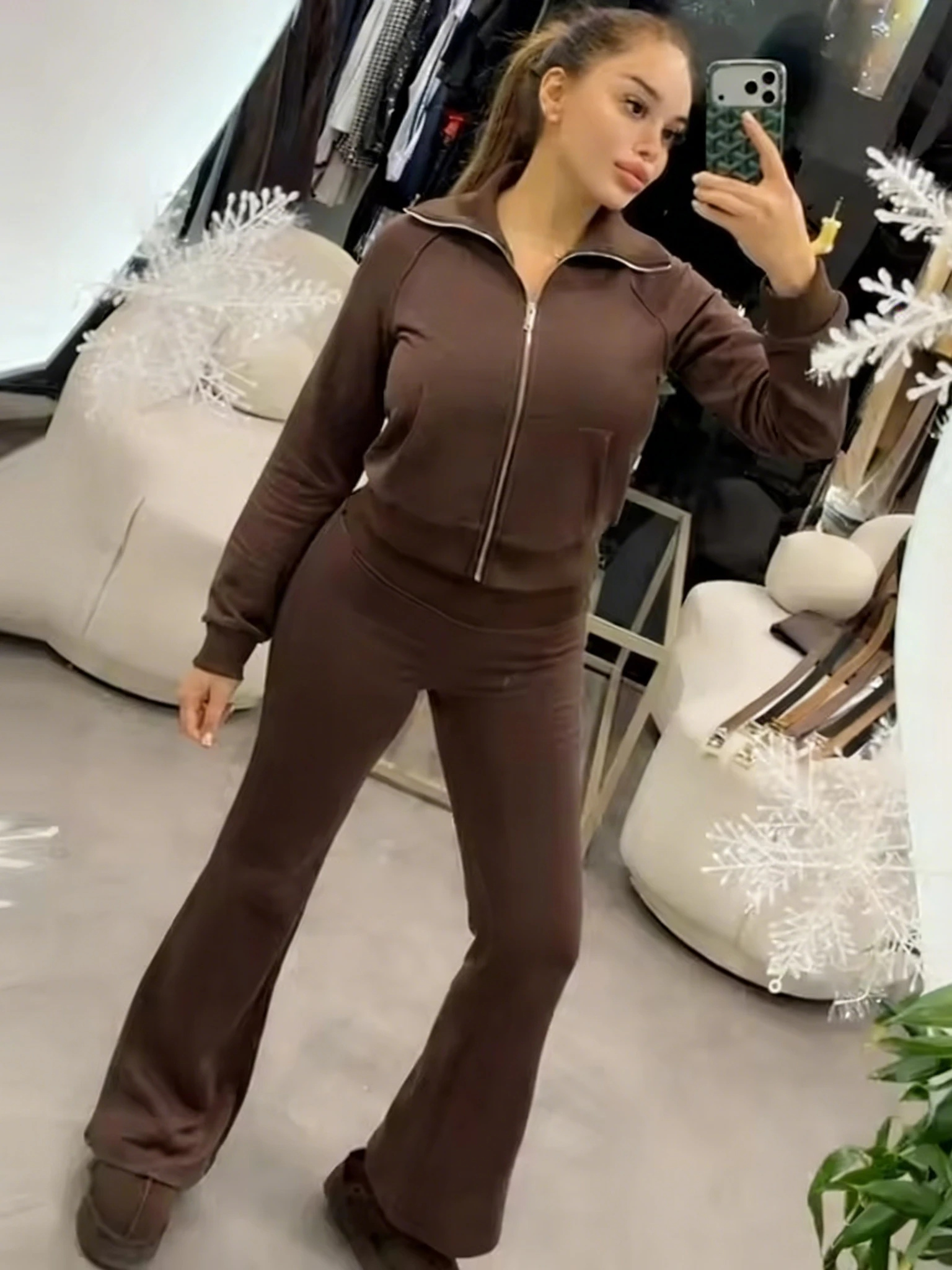 Spring New Brown Two Piece Pants Sets Women Casual Lapel Zipper Crop Jacket + High-Waist Flared Trousers 2026 Women Outfits