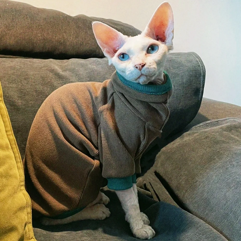 Sphynx Cat Cotton T-shirt for Kittens Small Dogs Coffee Long Sleeves High-Neck Coat for Devon Rex Leisure Jumpsuit in Autumn