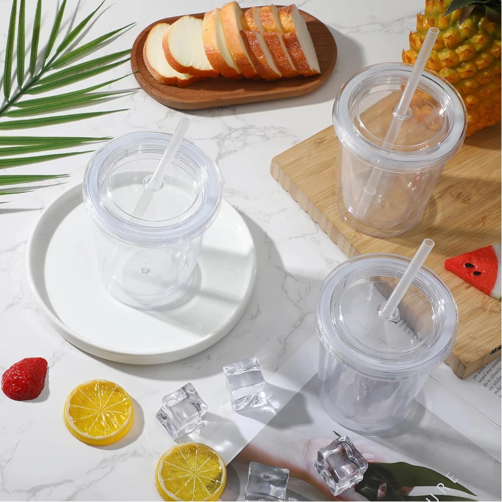 Clear Tumblers with Lid and Straw for Kids 12 oz Insulated Acrylic Double Wall Tumbler Toddlers Reusable Plastic Clear Cup Kids