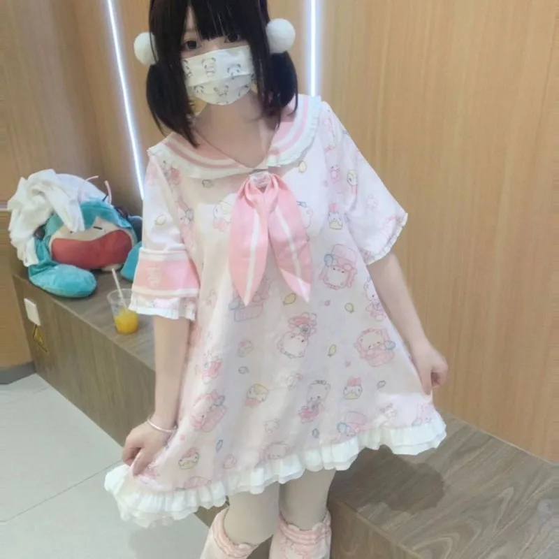 Japanese Sweet Lolita Style Mini Dress Women Kawaii Cartoon Print Bow Sailor Collar Dresses Korean Fashion Cute Princess Dresses