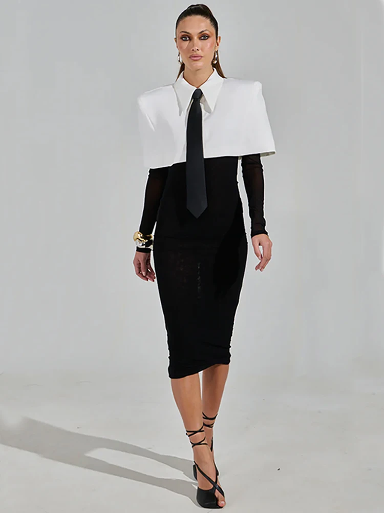 Abito longuette da donna sexy con spalle scoperte e maniche lunghe con design a grembiule bianco Abito aderente patchwork Abito da sera formale