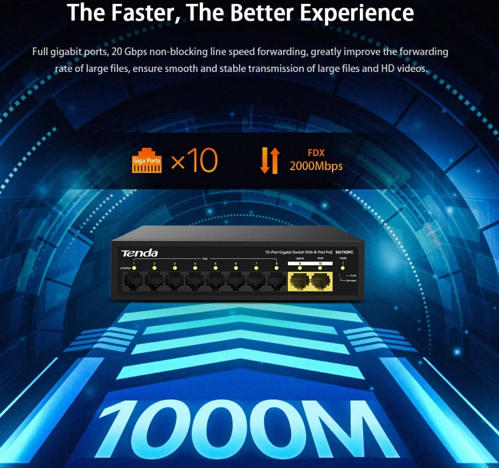 Tenda SG110PC Gigabit dual-port uplink unmanaged PoE switch, compatible with AF/AT standard PoE power supply mode