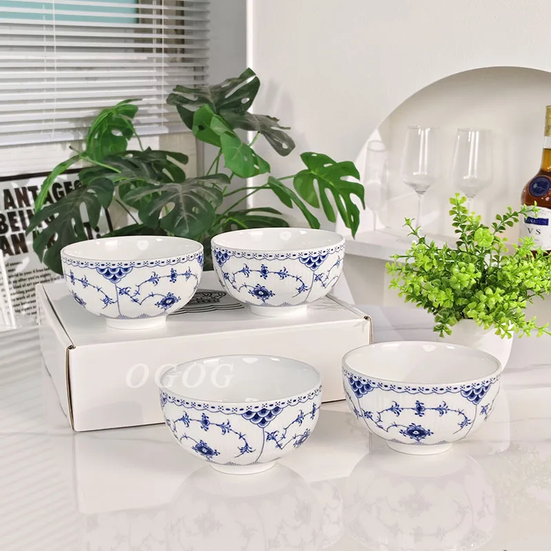 

High-End Looking Bone China Rice Bowl Blue and White Underglaze Tang Grass Lace Design Household Ceramic Dinnerware