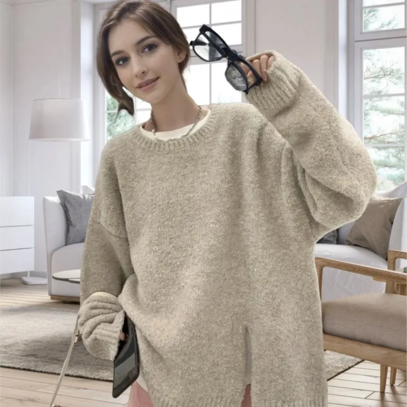 2024 New Autumn And Winter Sweater, Lazy Style Round Neck Slit Sweater, Loose And Versatile Outer Sweater Pullover