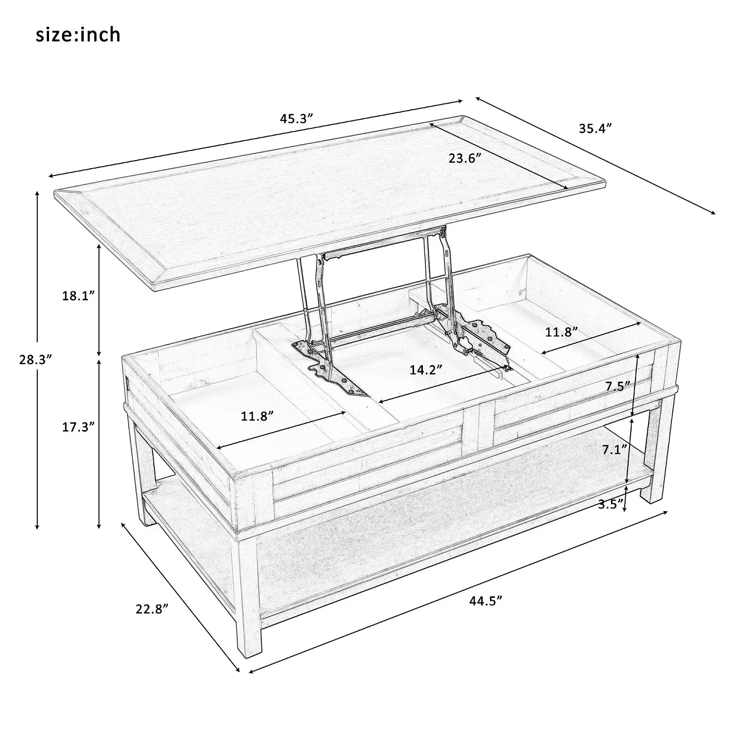 Lift Top Wooden Coffee Table With Storage Shelf & Metal Frame, Rectangular Sofa Side Tea Table, Customized