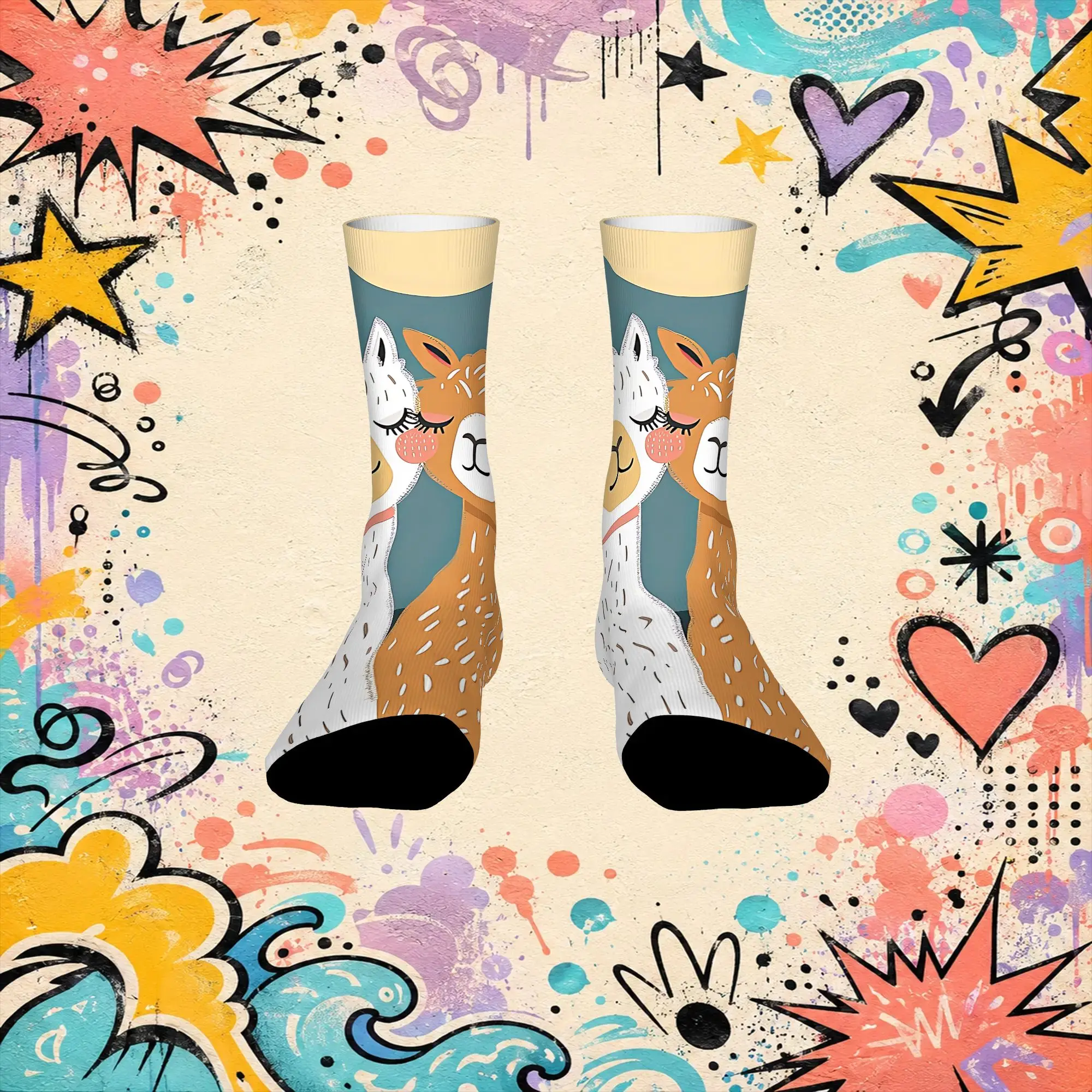 Fashion Vintage Line Art Alpaca Print Crazy Men's  Crew Sock Unisex  Funny  compression Socks