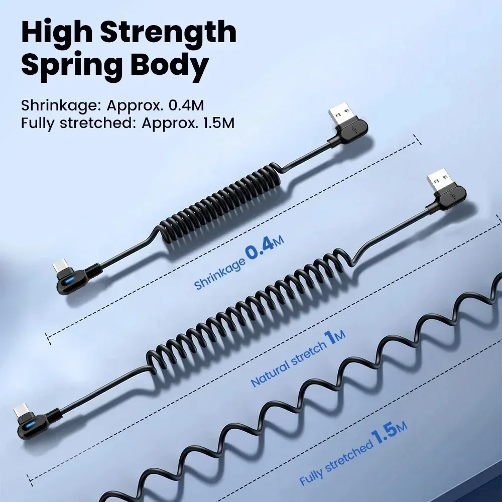 120W 6A USB C Fast Charging Cable Elbow Stretch Spring Data Cord For iPhone Samsung Xiaomi Huawei Phone Car Charge Type C Cable