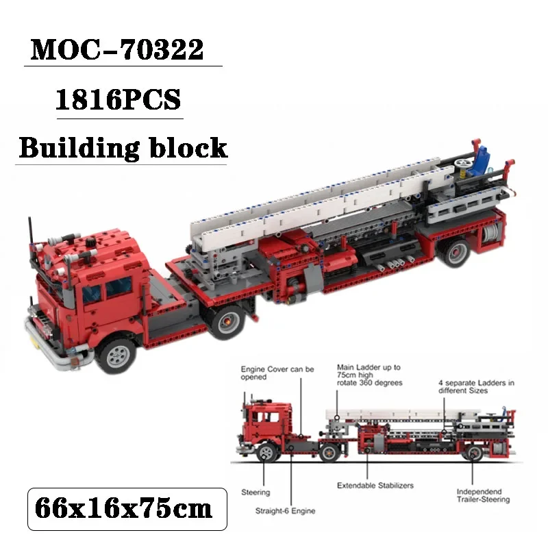 Bloco de construção MOC-70322 modelo de emenda, caminhão de bombeiros de elevação 1816 peças desenhos eletrônicos, modelo de brinquedo de presente de aniversário e natal