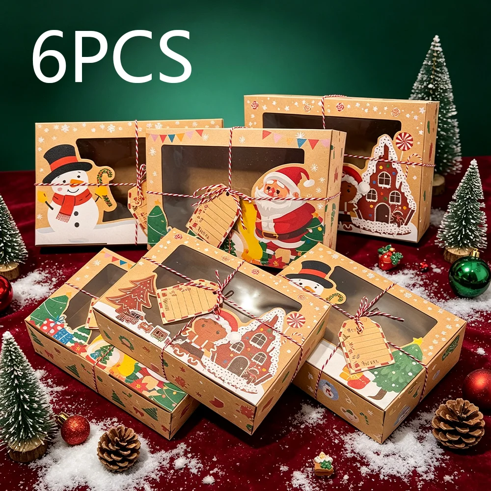 1/6/12Pcs Christmas Kraft Paper Gift Boxes, Santa Snowman Gingerbread Man Cookie Treat Boxes, Xmas Bakery Packaging Boxes 