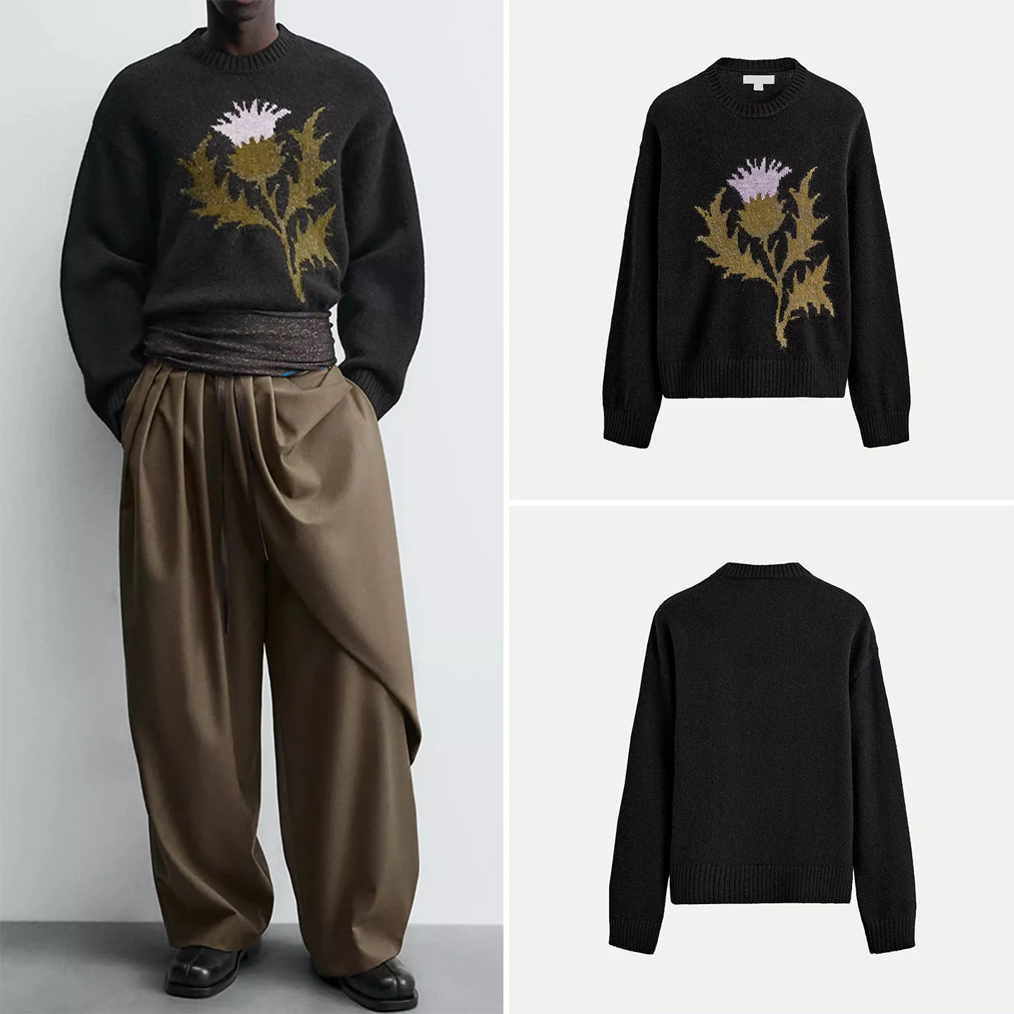 

Trendy Retro Knitted Sweater round Ne Floral Embroidery Men's Winter New Arrival Breathable Comfortable Loose Fit Daily Wear