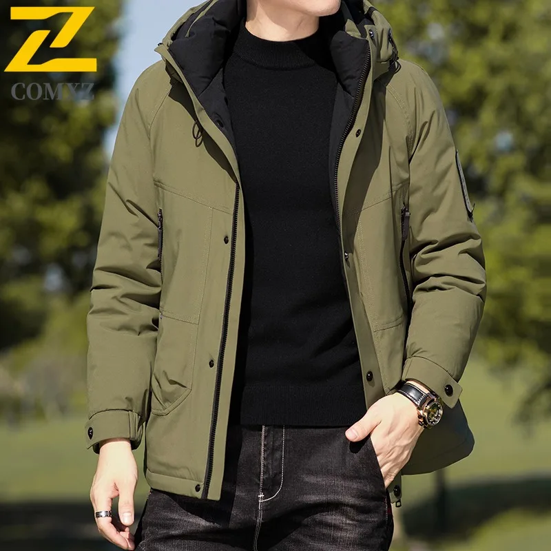 COMXZ Luxury Men Down Jacket Classic Hood Outdoor Working Cold Protection Puffer Jacket Leisure Business Comfortable Winter Coat