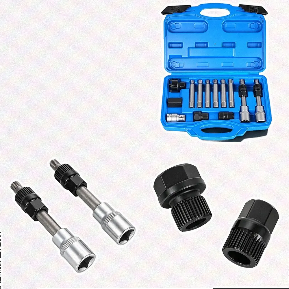 Black Alternator Pulley Tool 13-Piece Professional Set Chrome Vanadium Steel Black Phosphate Finish Dedicated Storage Slots